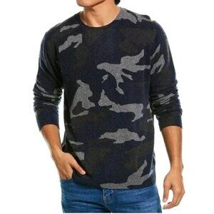 Amicale New York  Pure Cashmere Camo Print Crewneck Pullover Sweater Gray Navy L
